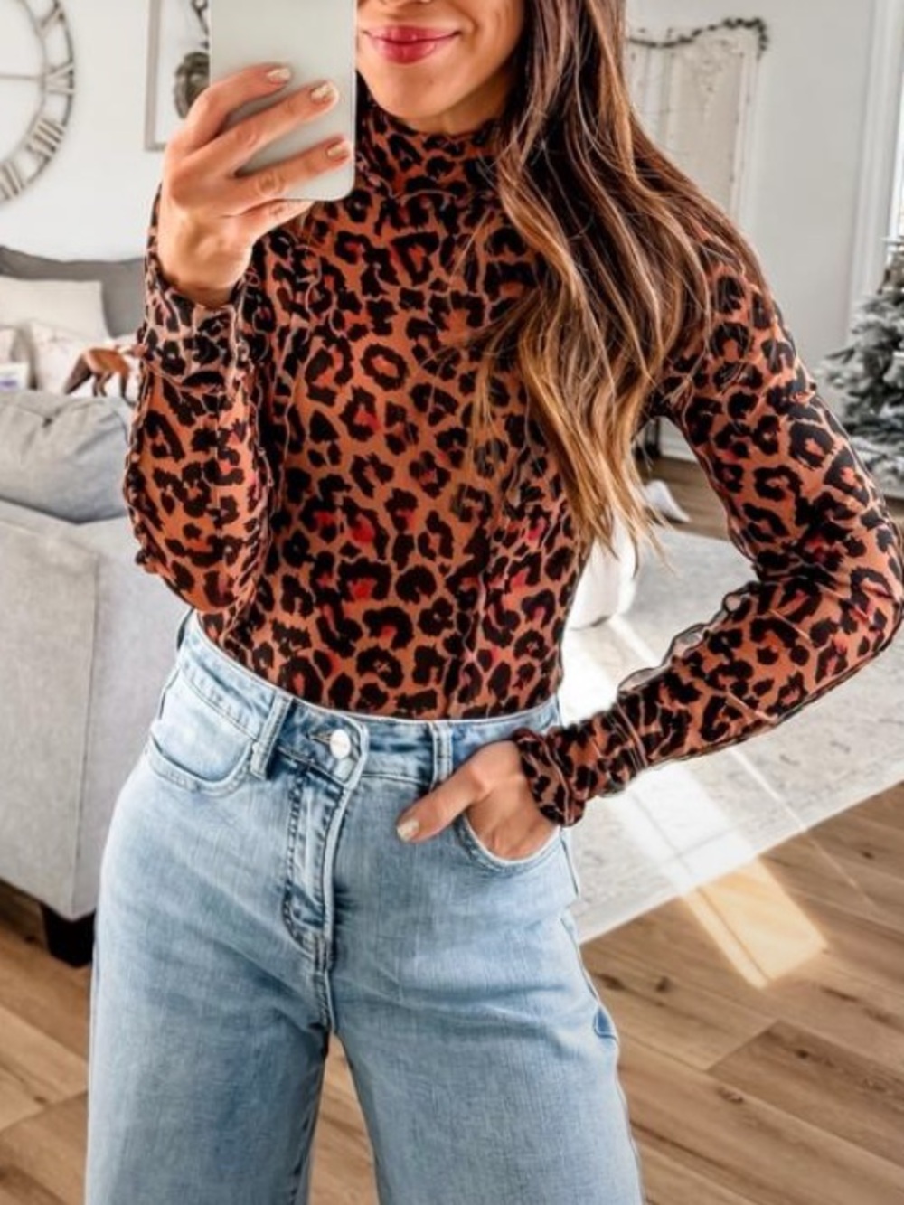 Free People Leopard Print Mock Neck Long Sleeve Top - Brown/Black🚌